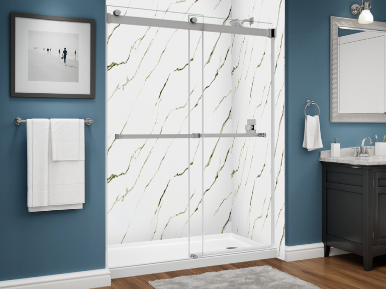 bella series shower - marble - calcutta gold - dual glass slider