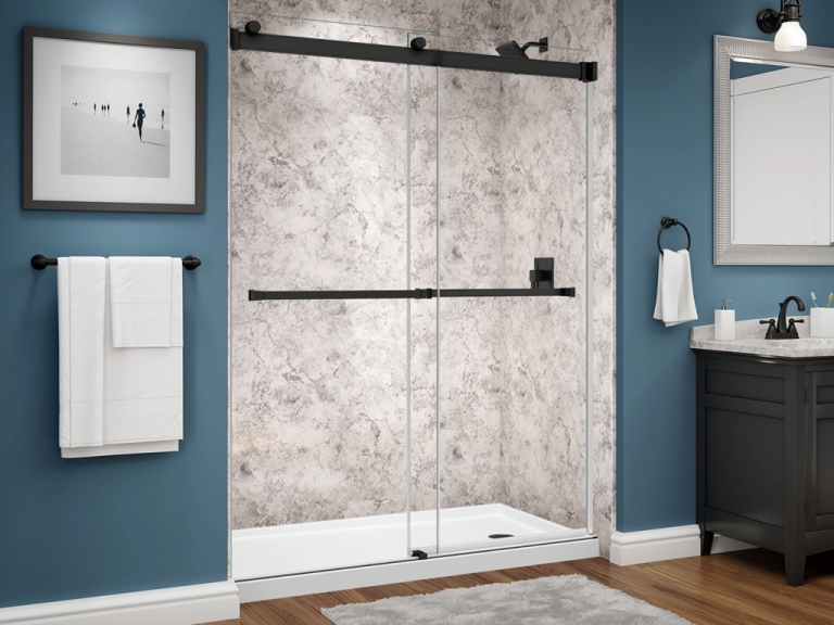 bella series shower - smooth limestone - dual glass slider