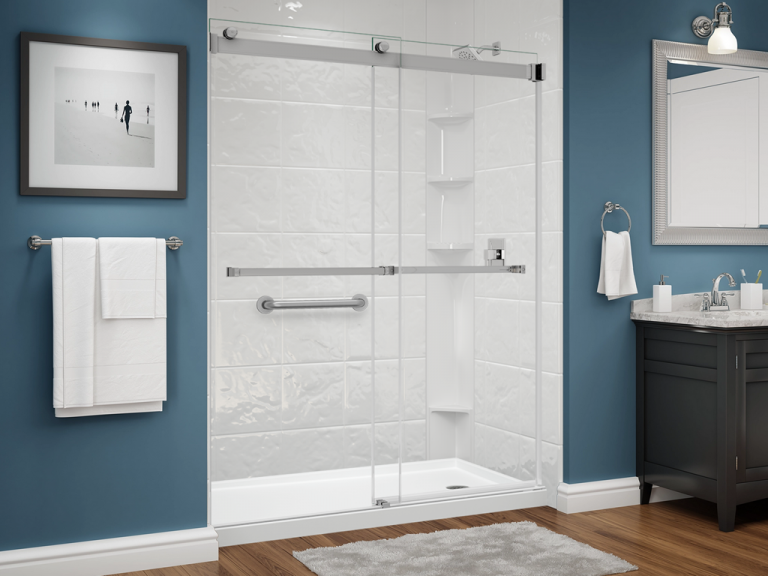 bella series shower - textured tile - white - 12x12 - dual glass slider