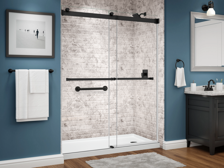 bella series shower - tile - limestone - subway - dual glass slider