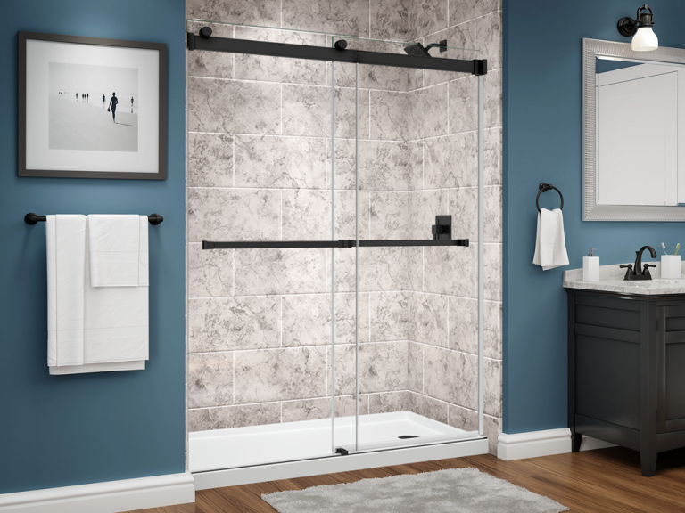 bella series shower - tile - limestone - subway 11x20 - dual glass slider