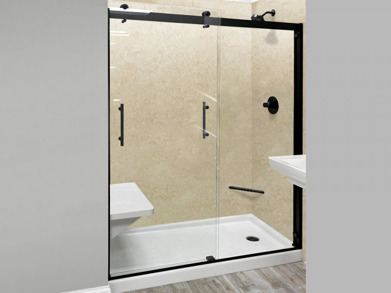 denali barn style double slider - vertical handles door - matte black trim w clear glass finish