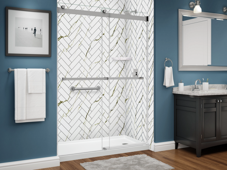 illusion series shower - herringbone - calcutta gold - dual glass slider