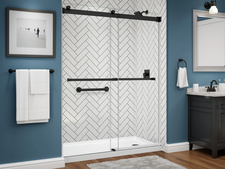 illusion series - white - herringbone w silver grout etch - black trim - dual glass slider