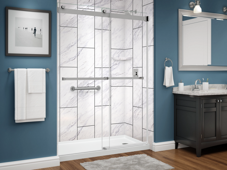 illusions series shower - 12x24 vertical stack - calcutta - chrome trim - dual glass slider