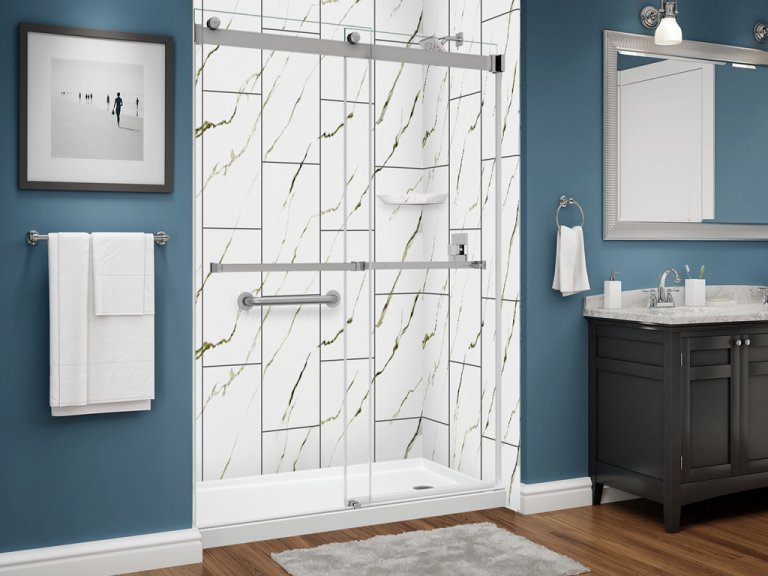 illusions series shower - 12x24 vertical stack - calcutta gold - chrome trim - dual glass slider