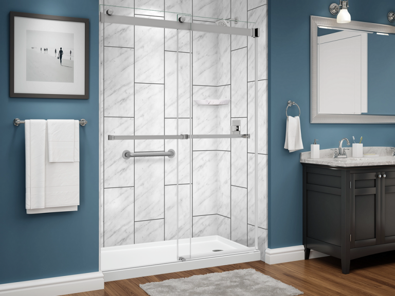 illusions series shower - 12x24 vertical stack - carrara - chrome trim - dual glass slider