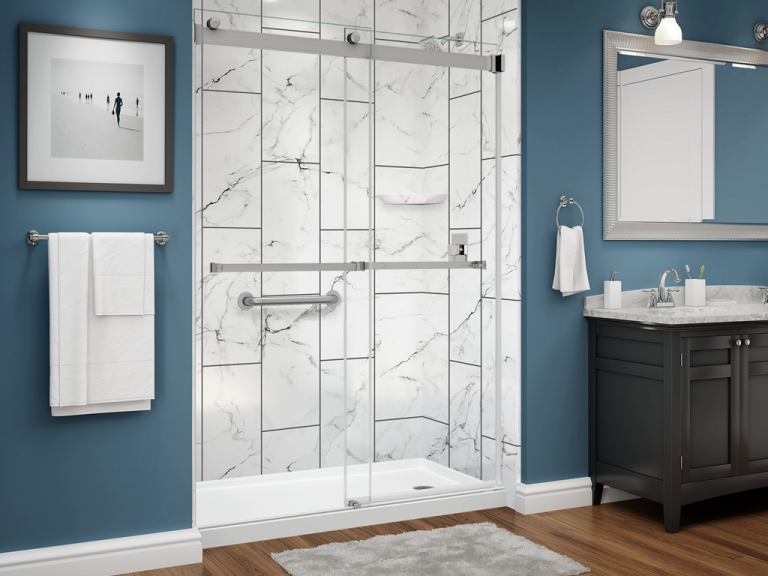 illusions series shower - 12x24 vertical stack - venatino - chrome trim - dual glass slider