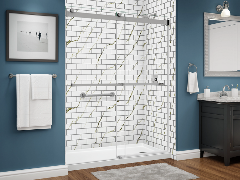 illusions series shower - calcutta gold - subway w silver grout etch - dual glass slider