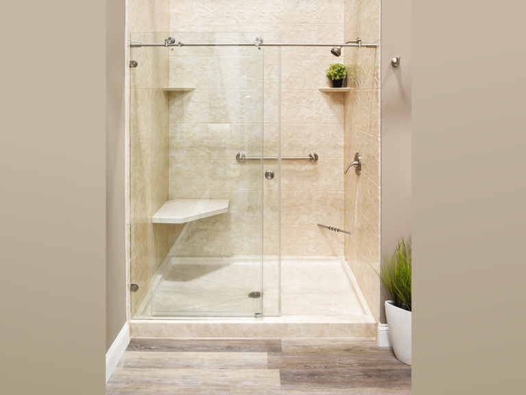 sierra sand 12x12 Roma Sim Tiles Cayman Door Shower